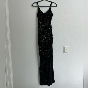 Black Sequined Floor Length Slit Dress